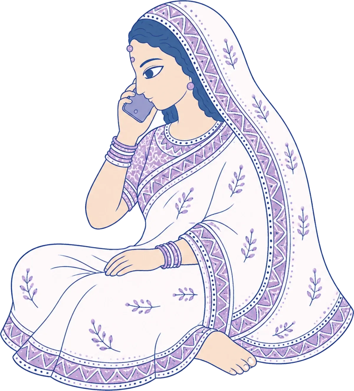 Mithila style painting of a woman in a sari talking on a phone