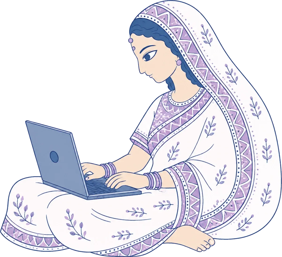 Mithila style painting of a woman in a sari working on a laptop